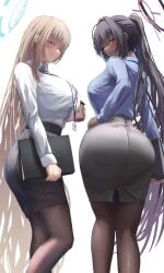 2girls alternate_version_available ass asuna_(blue_archive) black_hair black_pantyhose blonde_hair blue_archive blue_eyes breasts brown_skin bubble_butt chocolate_and_vanilla cleaning_&_clearing_(blue_archive) clothed clothed_female dark-skinned_female dark_skin dat_ass duo female female_only grey_pencil_skirt grey_skirt grin hair_over_one_eye halo holding_object huge_ass huge_breasts karin_(blue_archive) leggings light-skinned_female light_skin long_hair looking_at_viewer millennium_science_school_student name_tag naughty_face office_lady pantyhose pencil_skirt ponytail silver_bullet silver_bullet_(ecc12_8) skirt slim_waist smile teacher thick_thighs thighs white_shirt wide_hips yellow_eyes