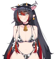 1girls bare_midriff bare_shoulders bell bell_collar belly_button big_breasts bikini black_hair blush blush_lines cleavage cow_bell cow_ears cow_headband cow_horns cow_print cow_print_armwear cow_print_bikini cow_tag cowbell ear_tag exposed_shoulders green_eyes long_hair looking_at_viewer midriff mika_melatika nail nail_on_head navel nijisanji nijisanji_indonesia red_hair solo solo_female solo_focus swirly_eyes thick_thighs thighs unfamousradish virtual_youtuber white_background