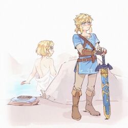 alzi_xiaomi blonde_hair blue_eyes blush boots crown_braid elf_ears facing_forward folded_clothes hair_clip holding_towel hot_spring knee_boots link link_(breath_of_the_wild) looking_away master_sword nintendo princess_zelda sheikah_slate short_blonde_hair short_hair standing_in_water tears_of_the_kingdom the_legend_of_zelda towel_only wholesome zelda_(tears_of_the_kingdom)