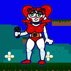 1girls 2d 2d_(artwork) animatronic animatronic_female baby_(fnafsl) big_breasts breasts circus_baby circus_baby_(fnaf) clown clown_girl crushtrap five_nights_at_freddy's five_nights_at_freddy's:_sister_location green_eyes holding_object microphone panties red_hair red_panties red_shirt robot smile solo solo_female solo_focus standing tagme twintails