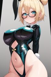 1girls ai_generated blonde_hair bun_hair bunnysuit female freckles glasses hera_(rushpoint) reverse_bunnysuit rush_point short_hair stable_diffusion teal_eyes