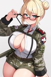 1girls ai_generated blonde_hair bun_hair combat_medic female freckles glasses hera_(rushpoint) medical military rush_point short_hair sideboob stable_diffusion teal_eyes