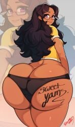 1girls ass ass_cleavage ass_tattoo brown_hair brown_skin butt_crack dark-skinned_female dark_skin dat_ass female glasses huge_ass original original_character probablynoon tattoo text_tattoo thick_ass thick_thighs thong