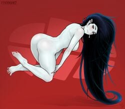 1girls adventure_time black_hair breasts cartoon_network female female_only fenixman12 grey_body hair_between_eyes marceline ponytail red_background red_eyes red_socks slippers smile socks solo vampire