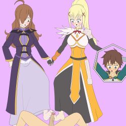 1boy 2girls alzar barefoot darkness_(konosuba) denki_anma foot_on_penis footjob holding_hands kono_subarashii_sekai_ni_shukufuku_wo! on_back satou_kazuma standing standing_footjob stepped_on trample trampling wiz_(konosuba)