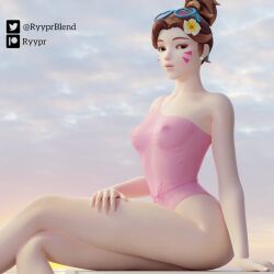 3d d.va facepaint looking_at_viewer overwatch ryyprblend see-through_clothing sitting swimsuit tied_hair