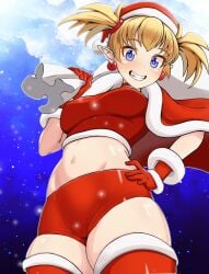 1girls arcana_heart blonde_hair blue_eyes blush breasts christmas female female_only grin hand_on_hip hat highres legs lilica_felchenerow looking_at_viewer medium_breasts midriff navel santa_hat shorts smile snowing solo thick_thighs thighs twintails