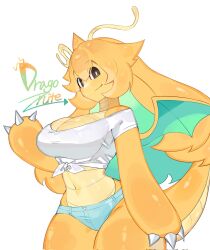 anthro big_breasts black_eyes bottomwear breasts cleavage clothed clothing cute cute_face dragon dragonite female female_only hair hi_res hotpants long_hair looking_at_viewer microshorts minishorts mouth_closed navel nintendo orange_hair pokemon pokemon_(species) shorts smile solo solo_female thick_thighs togetoge