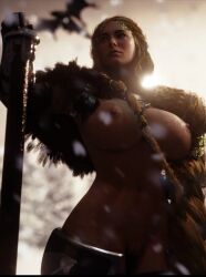 1girls 3d aesir_(norse_mythology) areolae big_breasts blonde_female blonde_hair blue_eyes braided_hair breasts cameltoe female female_only front_view god_of_war god_of_war_ragnarok goddess greenofvc long_hair looking_at_viewer milf naked naked_armor nipples norse_mythology nude nude_female nudity outdoors pussy sif_(god_of_war) solo solo_female sony_interactive_entertainment sword tagme tattoo tattooed_arm tattoos thick_thighs thighs