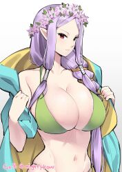 1girls absurdres alternate_costume alternate_hairstyle artist_name bikini braid breasts bursting_breasts cloak closed_mouth collarbone dragon_girl female female_only fire_emblem fire_emblem:_the_binding_blade fire_emblem_heroes ge-b gebyy-terar green_bikini green_eyes head_wreath heterochromia highres huge_breasts idunn_(fire_emblem) linea_alba long_hair looking_at_viewer mature_female navel nintendo official_alternate_costume official_alternate_hairstyle pointy_ears purple_hair red_eyes sidelocks skindentation solo stomach string_bikini swimsuit twitter_username upper_body white_background