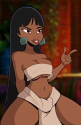 1girls abs bare_shoulders big_breasts breasts chel clothed clothed_female clothing dark-skinned_female dark_hair dark_skin earrings huge_breasts long_hair pointing_up septum_(artist) small_clothes smile smiling solo solo_female solo_focus the_road_to_el_dorado thick_thighs thighs wide_hips