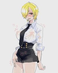 1girls aroused blonde_hair blouse blush cigarette collared_shirt erect_nipples female female_only genderswap_(mtf) hard_nipples heart-shaped_pupils hearts_around_body male_to_female one_piece raw_meat_(artist) rule_63 sanji see-through see-through_clothing smile smoking swirly_eyebrows tie very_short_hair vinsmoke_sanji white_shirt