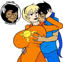 1boy 2girls alternate_breast_size big_breasts black_hair blonde_hair breast_expansion breast_grab breasts buckteeth colored consensual_groping couple dog_ears female gigantic_breasts god_tier_outfit groping groping_breasts groping_from_behind hairband homestuck huge_breasts jade_harley john_egbert large_breasts male mindwipe nipple_bulge orientation_play planetofjunk rose_lalonde smile straight wink