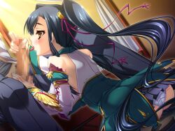 1boy 1girls ass big_breasts black_hair blowjob blush censored chinese_girl defloration female gold_eyes hongou_kazuto kan'u_unchou_(koihime) koihime†_(series) koihime_musou long_hair male tongue white_panties