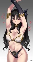 1girls alternate_breast_size armpits arms_up black_hair blush breasts crop_top embarrassed fate/grand_order fate_(series) female goddess huge_breasts ishtar_(fate) kurozawa_yui light-skinned_female long_hair midriff panties pouting red_eyes solo twintails