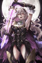 1girls absurdres alternate_costume armor armored_leotard ass_visible_through_thighs bare_thighs black_panties breasts brooch cape cleavage corrin_(female)_(nohr_noble)_(fire_emblem) corrin_(fire_emblem) corrin_(fire_emblem)_(female) elbow_gloves female female_only fire_emblem fire_emblem_fates fire_emblem_heroes full_moon furrowed_brow gloves grey_hair hairband highres inner_thighs jewelry large_breasts leotard long_hair looking_at_viewer magic medium_breasts moon nintendo official_alternate_costume panties pointy_ears purple_cape red_eyes shouting sobasakuhin solo sword thighs underwear white_hair yato_(fire_emblem)