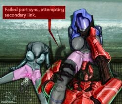 2girls arms_behind_back bioware bodysuit breasts broken_rape_victim cum cum_in_pussy cum_leaking cum_on_body defeated exposed_pussy female femsub helmet hood imminent_anal mask mass_effect multiple_girls neck_grab probe pussy quarian rape robot studio-pirrate_(rosselito) text torn_clothes vaginal_penetration