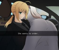 2girls artoria_pendragon ass bending_over blonde_hair clothed english_text fate/zero fate_(series) female female_only green_eyes he_wants_to_order in_car irisviel_von_einzbern long_hair looking_at_viewer meme multiple_girls pale_skin saber selfie she_wants_to_order short_hair silver_hair smile suit text vehicle