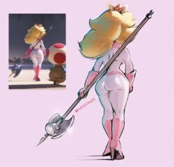 1boy 1girls ass ass_focus back back_view blonde blonde_female blonde_hair bodysuit bubble_butt clothed clothed_female clothing crown digital_art digital_drawing_(artwork) digital_media_(artwork) edit elbow_gloves female female_focus from_behind high_heel_boots holding_weapon human humanoid male mario_(series) missfaves nintendo no_sex princess princess_peach screencap screenshot_edit skin_tight solo_focus super_mario_bros._(2023_film) tagme third-party_edit toad_(mario) walking walking_away weapon