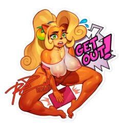 1girls anthro bandicoot blonde_hair bottomless caught caught_masturbating coco_bandicoot computer crash_(series) electronics female hand_in_panties huge_breasts laptop large_breasts looking_at_viewer masturbating masturbation negarobo nipples nipples_visible_through_clothing pov robaato solo solo_female text