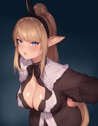 1girls ai_generated blue_eyes breasts brown_hair curvy elf_ears female female_only frilly_clothing hand_on_hip headwear highres light-skinned_female light_skin long_ponytail maid maid_outfit ponytail puckered_lips round_breasts shiny_breasts solo stable_diffusion wide_hips