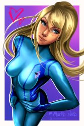 1girls blonde_female blonde_hair blue_bodysuit bodysuit female latex marikoneko marikoneko0 metroid samus_aran zero_suit zero_suit_samus