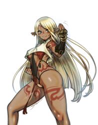 1girls blue_eyes blush dark-skinned_female dark_skin ear_piercings elf female female_only fighting_stance hand_gesture kaieda_hiroshi muscular muscular_female original piercings revealing_clothes simple_background smile solo tattoos white_background