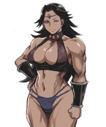 1girls abs amazon_(goblin_slayer) biceps black_hair cleavage cleavage_cutout corset dark-skinned_female dark_skin goblin_slayer hi_res large_breasts muscular muscular_female navel shibusun simple_background solo thong white_background wide_hips wink