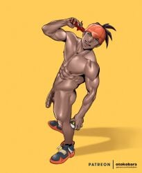 1boy bara circumcised dark-skinned_male dark_skin from_above green_eyes looking_at_viewer male male_only muscular muscular_male otokobara penis pokemon pokemon_ss raihan_(pokemon) shoes_only solo solo_male