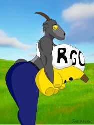 a_goat_(fortnite) confused fortnite fully_clothed goat goat_horns goat_simulator grey_fur huge_ass huge_breasts peely plushie tail yellow_eyes