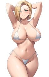 1girls absurdres alternate_version_available android_18 armpits arms_up big_breasts bikini blonde_hair blue_eyes breasts dragon_ball dragon_ball_z female hourglass_figure jasony light_skinned_female short_hair shounen_jump tagme thighs white_background wide_hips