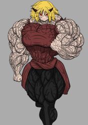 angry bicep_vein big_muscles big_vein black_pants breasts cute demon demon_girl demon_woman extreme_muscles extreme_veins giant_breasts horns huge_biceps huge_muscles muscle muscles muscular muscular_female red_dress red_eyes strong vascular vascularity vein veins veiny veiny_abs veiny_arms veiny_breasts veiny_face veiny_hands veiny_head veiny_legs veiny_muscles yellow_hair