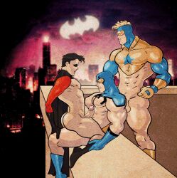 3boys animated aroused ass balls bara batman_(series) big_ass big_penis blue_beetle booster_gold cape dc dc_comics fat_ass fit fit_male gay gay_sex genelightfoot gif gloves light-skinned_male light_skin male male_only mask michael_carter muscular muscular_male open_mouth penetration penis red_robin sex superhero ted_kord testicles threesome tim_drake yaoi