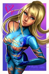 1girls bodysuit breasts female latex marikoneko marikoneko0 metroid ripped_clothing samus_aran torn_bodysuit torn_clothes zero_suit_samus