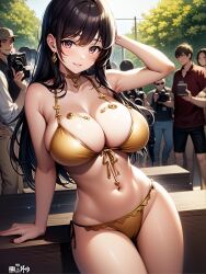 1girls ai_generated big_breasts black_hair female_focus female_only golden_bikini long_hair looking_at_viewer shiny_bikini stable_diffusion tagme voluptuous_female