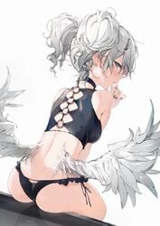 angel_wings ass back back_cutout bare_arms bare_shoulders black_choker black_panties black_shirt black_underwear blue_eyes breasts choker clothing_cutout crop_top feathered_wings female female frilled_panties frilled_underwear frills from_behind grey_nails hair_ornament hairclip high_resolution in_profile long_hair looking_at_viewer looking_back medium_breasts nail_polish no_pants original pantsu parted_lips shirt side-tie_panties silver_hair sitting sleeveless sleeveless_shirt solo tagme thighs tied_hair twintails underwear wings yatsuha_(hachiyoh)