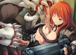 breasts cleavage clothing female green_eyes gunslinger interspecies long_hair long_tongue monster ragnarok_online size_difference spread_legs tongue tongue_out