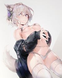 animal_ears bare_shoulders blue_eyes bra breasts fox_girl fox_tail garter_belt high_resolution kitsunemimi lingerie nail_polish navel pantsu short_hair silver_hair steepled_fingers tagme tail thighhighs underwear very_high_resolution yatsuha_(hachiyoh)