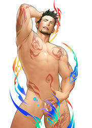 1boy armpits black_hair facial_hair itto_(mentaiko) male male_only muscle penis solo tattoo tattoos testicles tongue