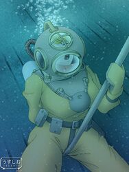 belt blonde_hair bubbles closed_eyes diving_helmet diving_suit drysuit female glass gloves hair headgear helmet masturbation ocean open_mouth pipes solo underwater watermark weight