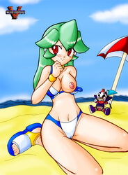 1girls beach bikini breasts cameltoe exposed_breasts green_hair long_hair mega_man mega_man_zx pandora_(mega_man) prometheus_(mega_man) red_eyes reploid robot robot_girl solo swimsuit vcampan wardrobe_malfunction