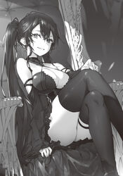 ass breasts copyright_request corset criss-cross_halter crossed_legs detached_sleeves earrings female greyscale grin hair_ornament hairclip halter_top halterneck hand_on_own_knee high_resolution jewelry large_breasts long_hair mizuya monochrome novel_illustration official_art shiro_nashi_joushu_no_eiyuutan sitting smile solo tagme thighhighs thighs throne tied_hair twintails very_long_hair yatsuha_(hachiyoh)