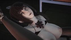 16:9 3d big_breasts black_bra bra bra_lift breasts dark_hair erect_nipples fangs female_focus halloween indoors large_breasts looking_at_viewer looking_pleasured nipples open_eyes pale pale-skinned pale-skinned_female pale_skin sharp_teeth sweat vampire_girl wet