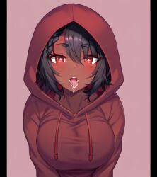 1girls ai_generated bangs black_hair clothed dark-skinned_female dark_skin edira_(rushpoint) female hood_up hooded hoodie red_eyes red_hoodie rush_point stable_diffusion tongue tongue_out