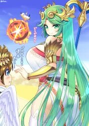 1boy ass backboob bare_shoulders blue_eyes breasts brown_hair day dress female green_eyes green_hair grin hand_up horny huge_breasts kid_icarus legs long_hair nintendo outdoors palutena pit_(kid_icarus) sandbag_(super_smash_bros.) shuz_(dodidu) smile spiked_hair staff super_smash_bros. thick_thighs thighhighs thighs tiara very_long_hair wings