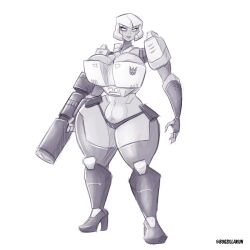 abs armor artist_request black_and_white boots bugzilla huge_breasts megatron robot_girl rule_63 tagme thick_thighs transformers