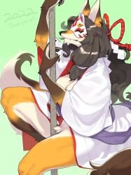 1girls anthro brown_hands countershading female female_only fox_ears fur furry furry_only green_background green_eyes grey_hair hi_res kame_3 kemono kimono long_hair looking_at_viewer mask masked_fox_(kame_3) pole side_view solo tail wolf_tail yellow_fur