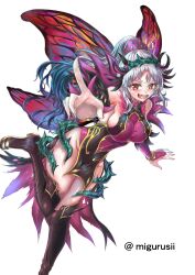 1girls armpits bare_thighs boots breasts fairy fairy_wings female female_only fire_emblem fire_emblem_heroes grey_hair large_breasts long_hair looking_at_viewer multicolored_hair nail_polish nintendo open_mouth pelvic_curtain pink_nails plumeria_(fire_emblem) pointing ponytail red_eyes sideboob smile solo thick_thighs thigh_boots thighs very_long_hair violet_migu18 white_background