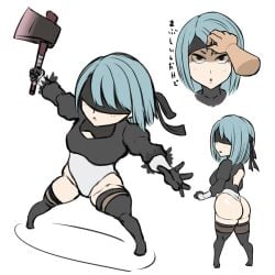 1girls alternate_costume aokuro ass attack axe bare_thighs beruka_(fire_emblem) big_ass black_eyes blindfold_lift blue_hair breasts chibi cosplay expressionless female female_only fire_emblem fire_emblem_fates headband japanese_text looking_at_viewer nier:_automata nintendo open_mouth solo text thick_thighs thighhighs thighs translation_request weapon white_background yorha_2b_(cosplay)