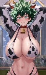 1girls ai_generated animal_ears arms_up bangs bell big_breasts bikini bikini_bottom bikini_top blush blushing bra breasts busy collar cow_bell cow_bikini cow_ears cow_horns cow_print cow_print_bikini cute_face female female_deku female_focus female_only green_eyes green_hair hands_behind_head hands_behind_own_head huge_breasts izuku_midoriya large_breasts light-skinned_female light_skin massive_breasts merukuma midriff my_hero_academia navel panties plump_breasts red_collar rule_63 short_hair shounen_jump smile smiling solo solo_female solo_focus stable_diffusion stomach tagme teeth underwear upper_body